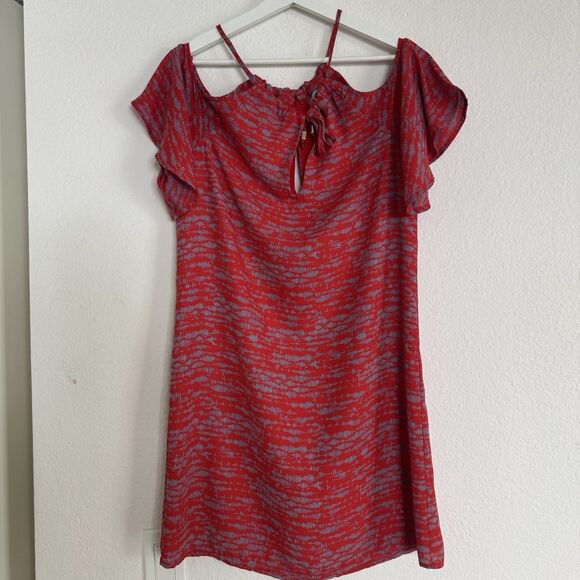 Veronica M Dress Sz S Red & Blue Flutter Sleeve Cold Shower Elastic Summer $189 - Picture 1 of 10